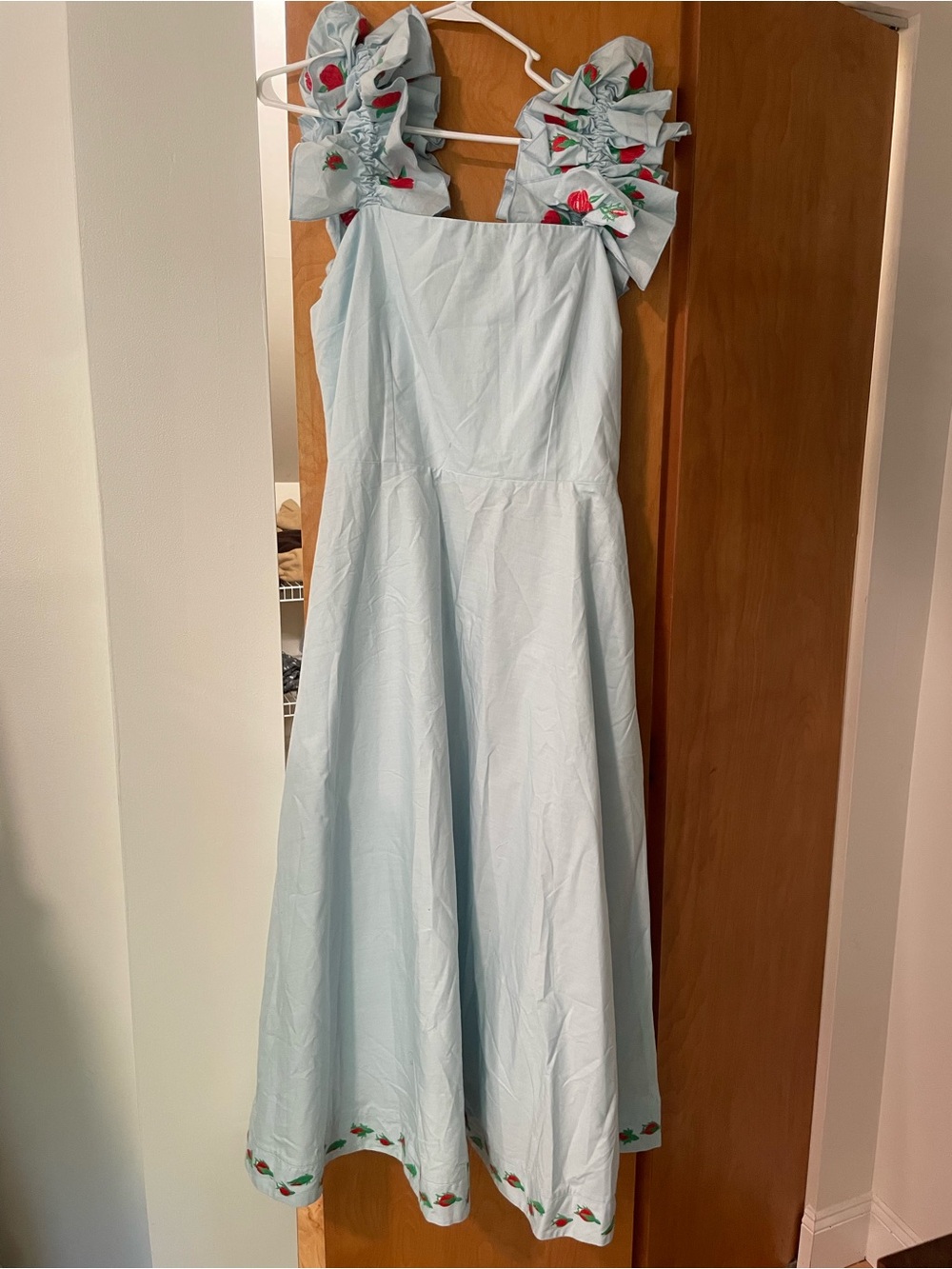 Fanm Mon Light Blue Ruffled Strap Dress with red Accents